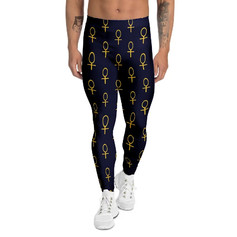 Stock Clearance Blue And Gold Ankh Print Pattern Men's Leggings