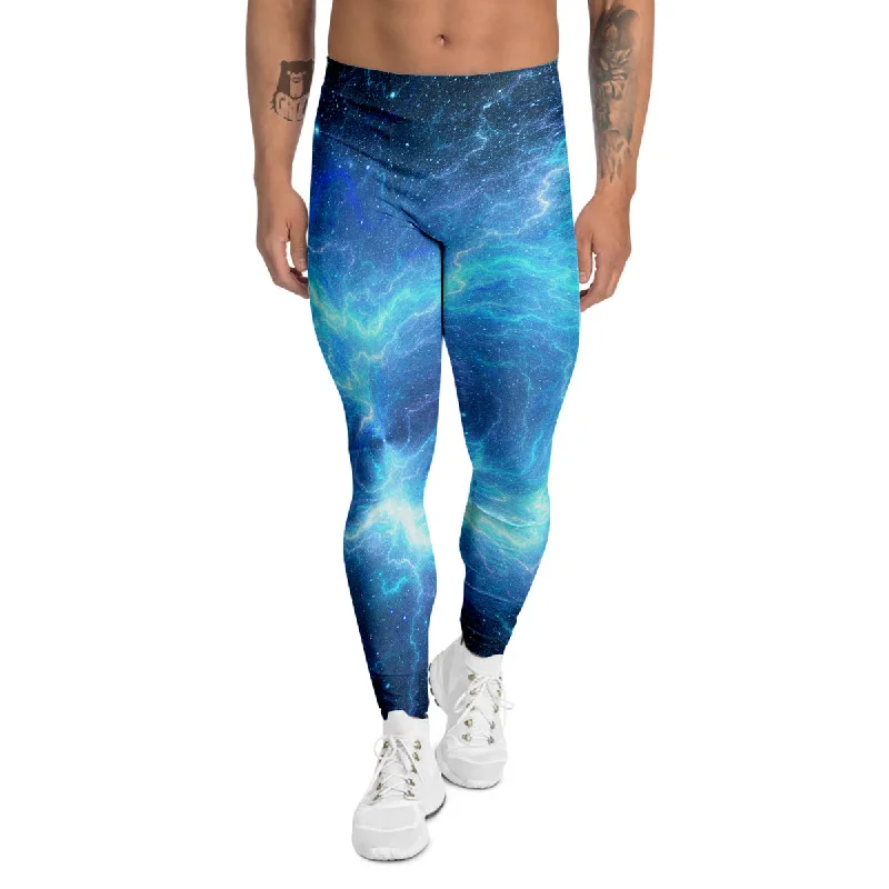 Mega Sale Blue Glowing Giant Lightning In Space Print Men's Leggings