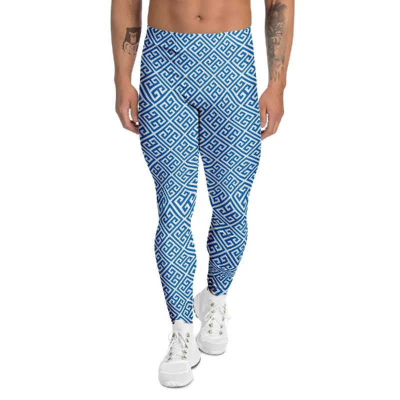 Huge Savings Blue Greek Key Print Pattern Men's Leggings