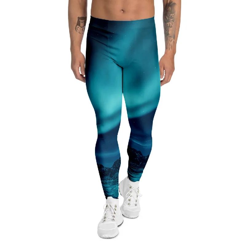 Don't Miss Blue Northern Lights And Mountain Print Men's Leggings