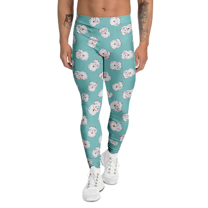 Weekend Deal Blue Pastel Lucky Cat  Print Pattern Men's Leggings