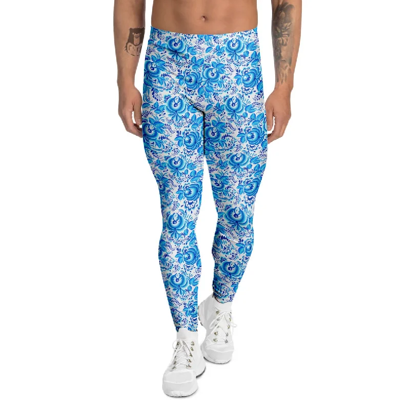 Super Deal Blue Russian Floral Gzhel Print Pattern Men's Leggings