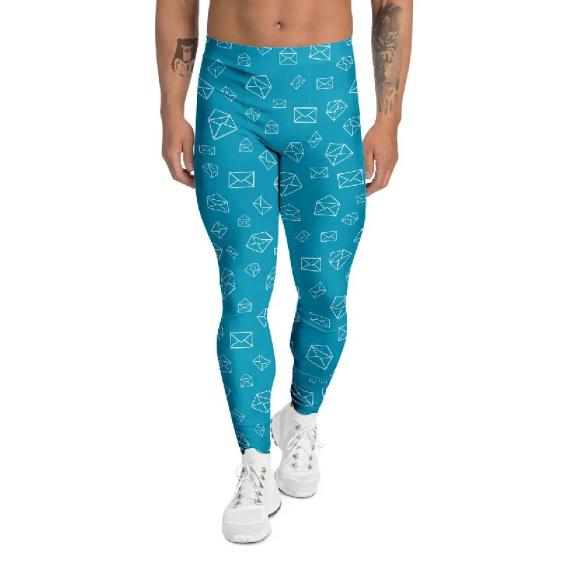 Steals and Deals Blue White Mail Print Pattern Men's Leggings