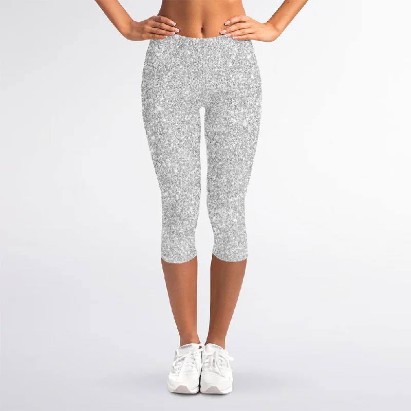 Price Buster Bright Silver (NOT Real) Glitter Print Women's Capri Leggings