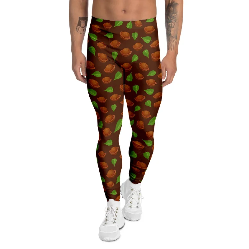Exclusive Online Offer Brown Hazelnuts And Green Leaf Print Pattern Men's Leggings