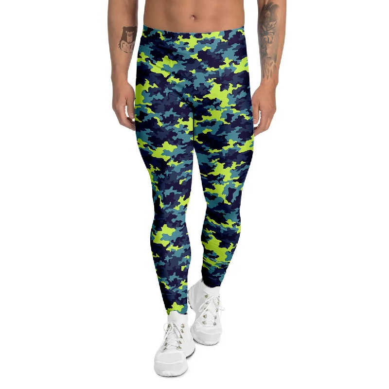 Great Bargains Camouflage Blue And Neon Green Print Pattern Men's Leggings