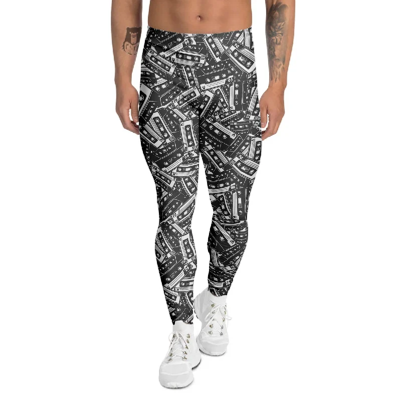 Closeout Sale Cassette Tape Monochrome Print Pattern Men's Leggings