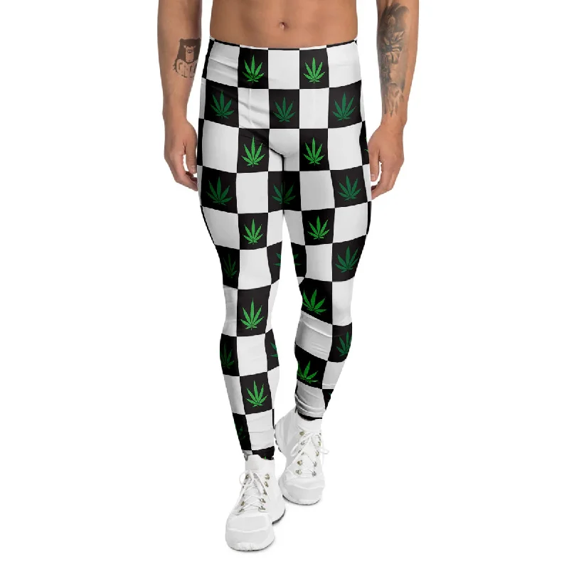 Special Promotion Checked Green Weed Print Pattern Men's Leggings