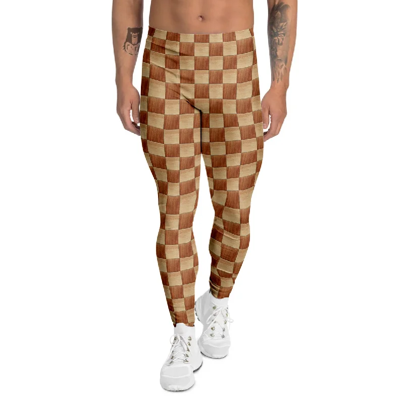 Act Now Chess Board Wood Print Pattern Men's Leggings