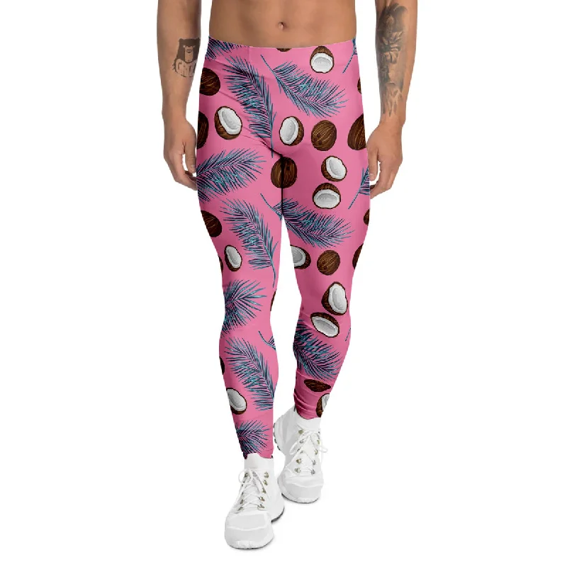 Super Bargain Coconut Pink And Palm Leaf Print Pattern Men's Leggings