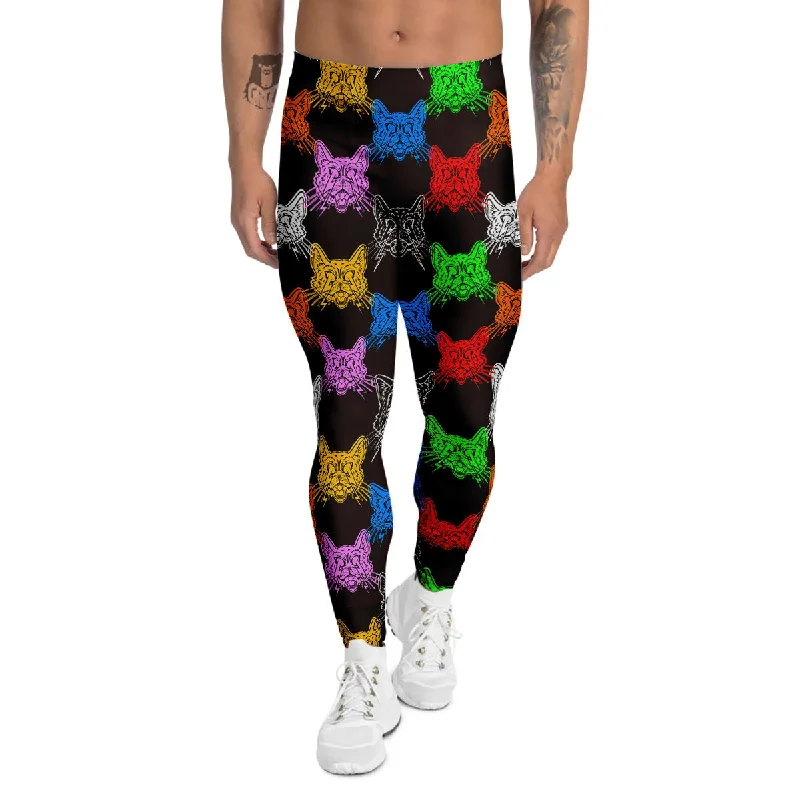 Final Clearance Colorful Crazy Cat Print Pattern Men's Leggings
