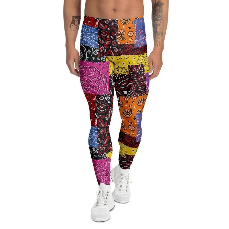 Hurry In Colorful Patchwork Bandanna Print Pattern Men's Leggings