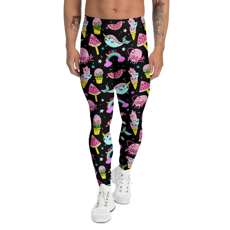 Super Bargain Cute Pink Ice Cream Narwhal Rainbow Print Pattern Men's Leggings