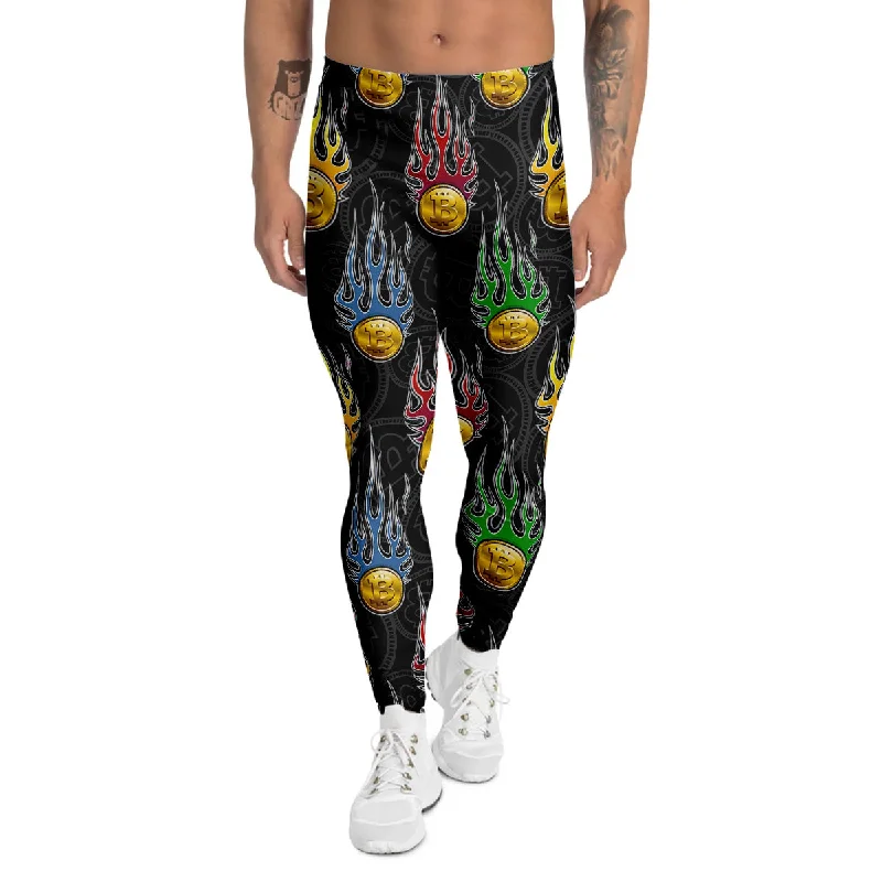 Amazing Deals Digital Bitcoin On Fire Print Pattern Men's Leggings