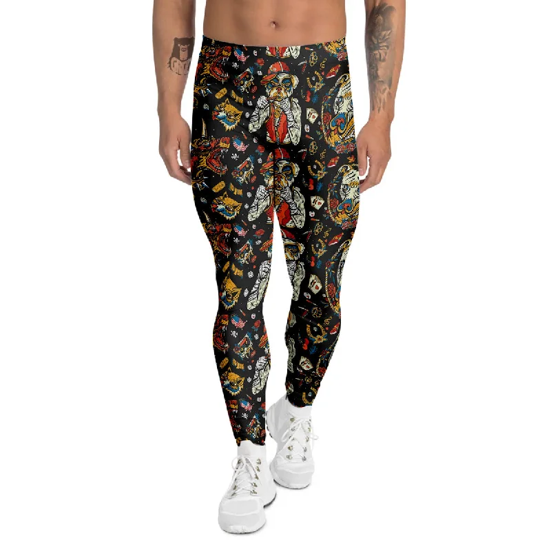 Final Sale Dogs Old School Tattoo Print Pattern Men's Leggings