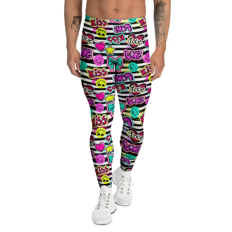 Online Only Emoji Comics Stripe Print Pattern Men's Leggings