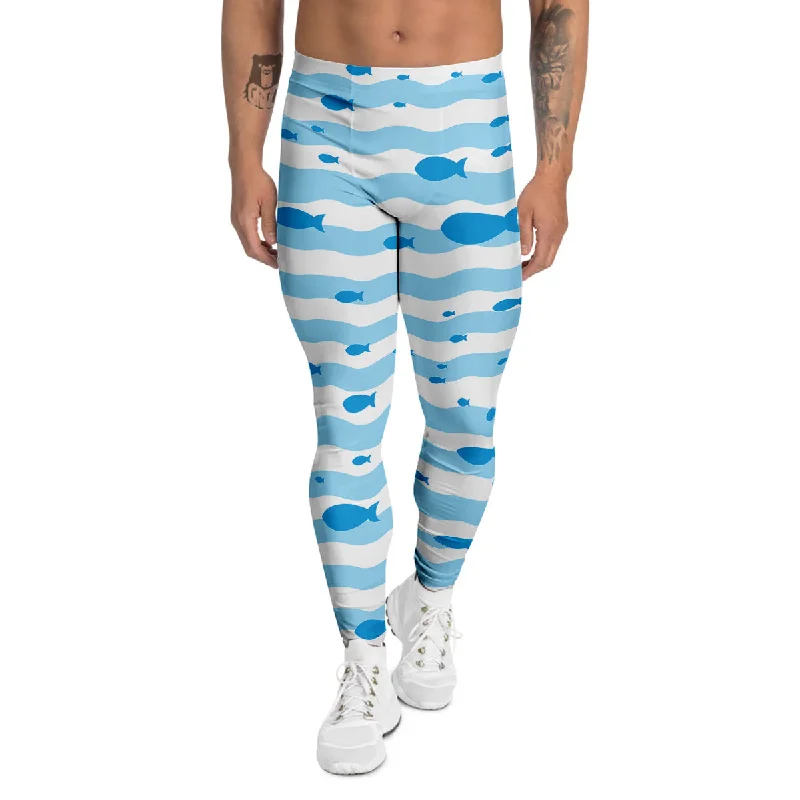 Buy More, Save More Fish Swimming In Blue Sea Print Pattern Men's Leggings
