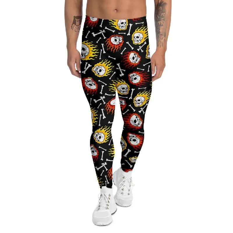 Mega Sale Flaming Skulls And Bone Print Pattern Men's Leggings