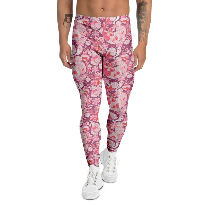 Early Bird Discount Floral Pink Paisley Print Pattern Men's Leggings