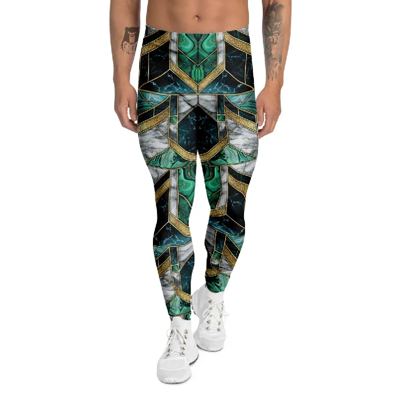 Exclusive Savings Geometric Marble Dark Green And Gold Print Pattern Men's Leggings