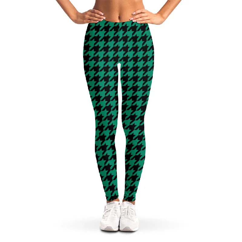 Quick Sale Jungle Green And Black Houndstooth Print Women's Leggings
