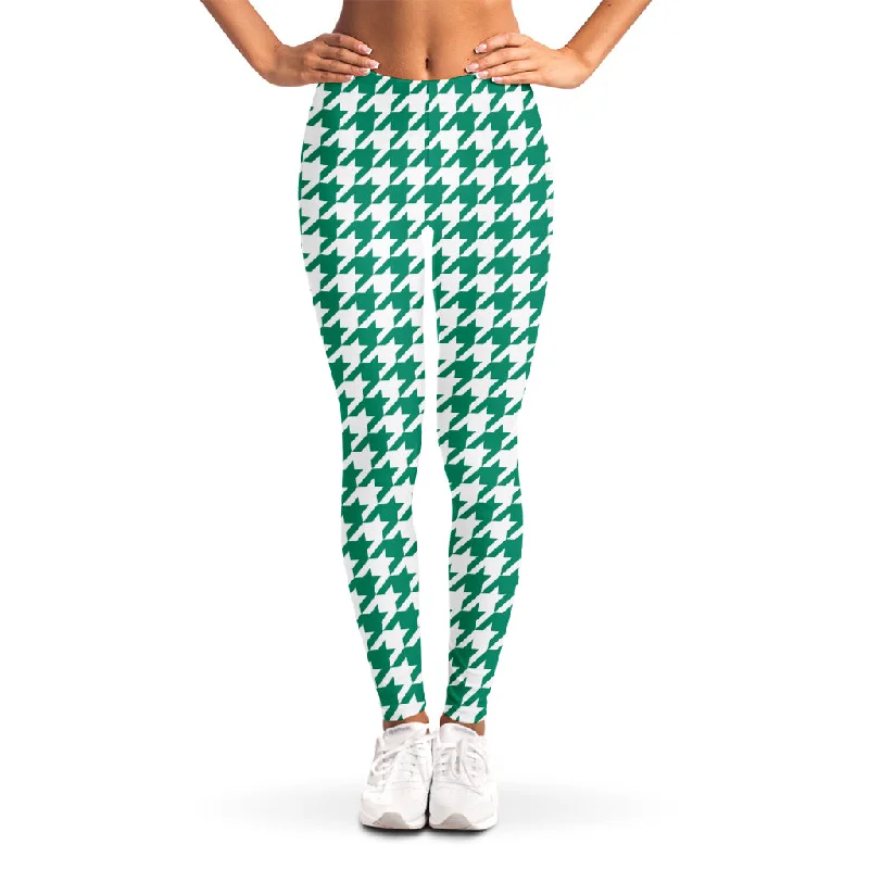 Huge Discounts Jungle Green And White Houndstooth Print Women's Leggings