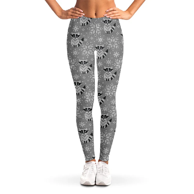 Stock Clearance Knitted Raccoon Pattern Print Women's Leggings