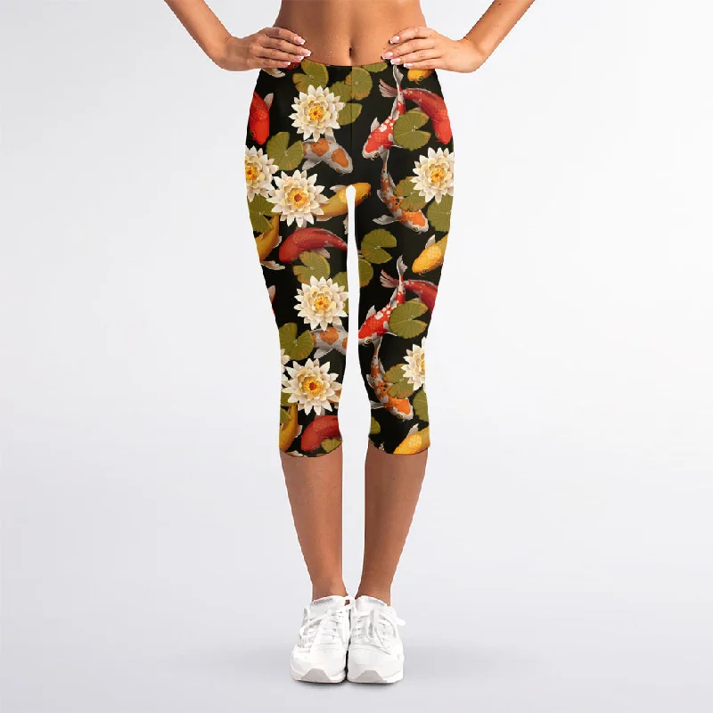 Value Deals Koi Carp And Lotus Pattern Print Women's Capri Leggings
