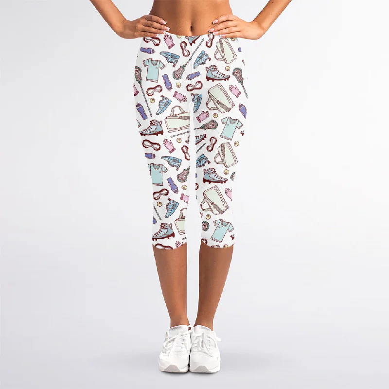 Online Only Lacrosse Sport Pattern Print Women's Capri Leggings