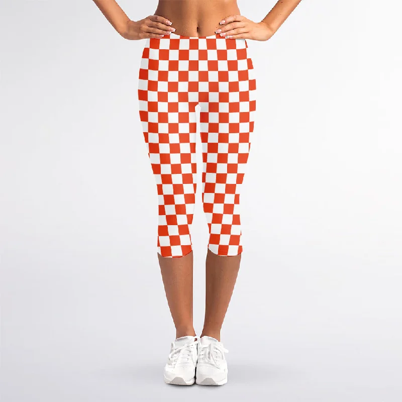 Crazy Deals Lava Orange And White Checkered Print Women's Capri Leggings