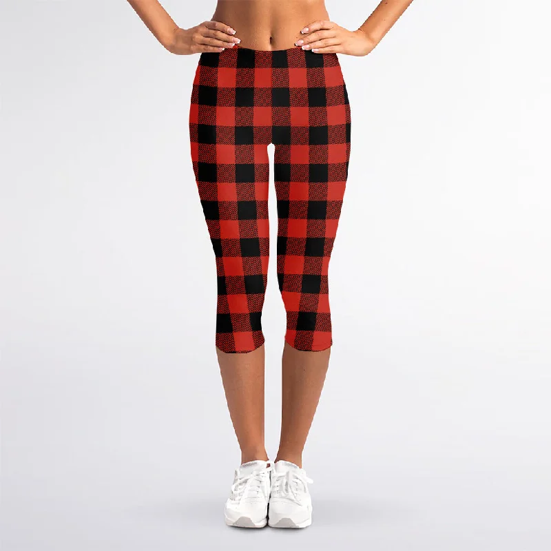 Bargain Prices Lava Orange Buffalo Check Pattern Print Women's Capri Leggings