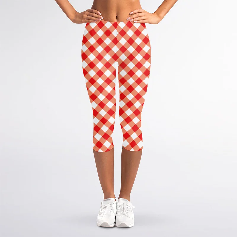 Today's Special Lava Red And White Gingham Print Women's Capri Leggings