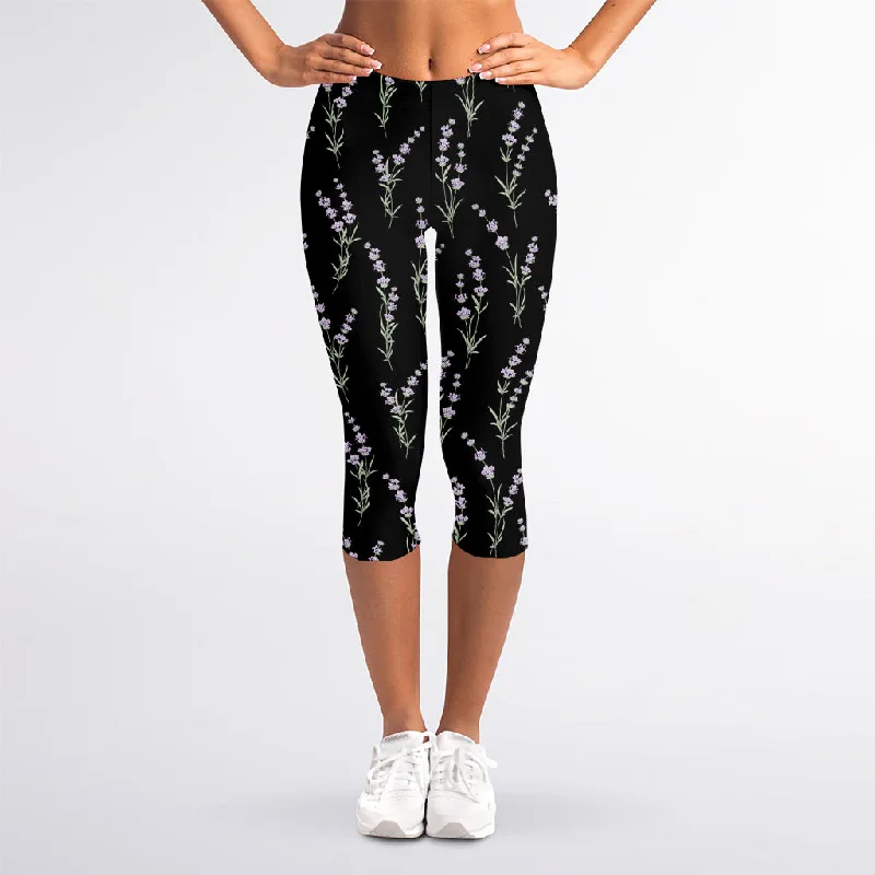 Online Specials Lavender Flowers Pattern Print Women's Capri Leggings