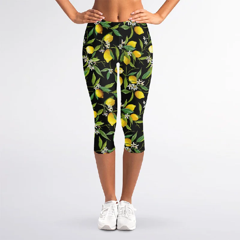 Great Bargains Lemon And Flower Pattern Print Women's Capri Leggings
