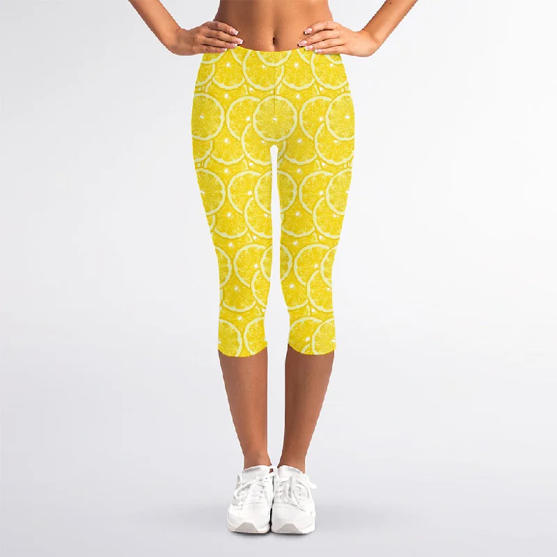 Can't Be Beat Lemon Slices Pattern Print Women's Capri Leggings