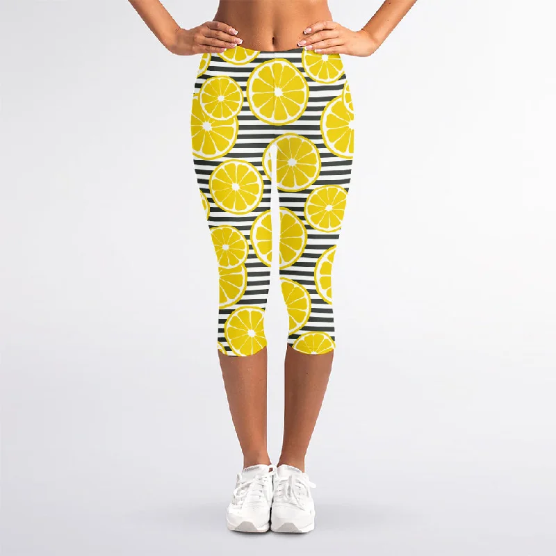 Fantastic Deals Lemon Striped Pattern Print Women's Capri Leggings