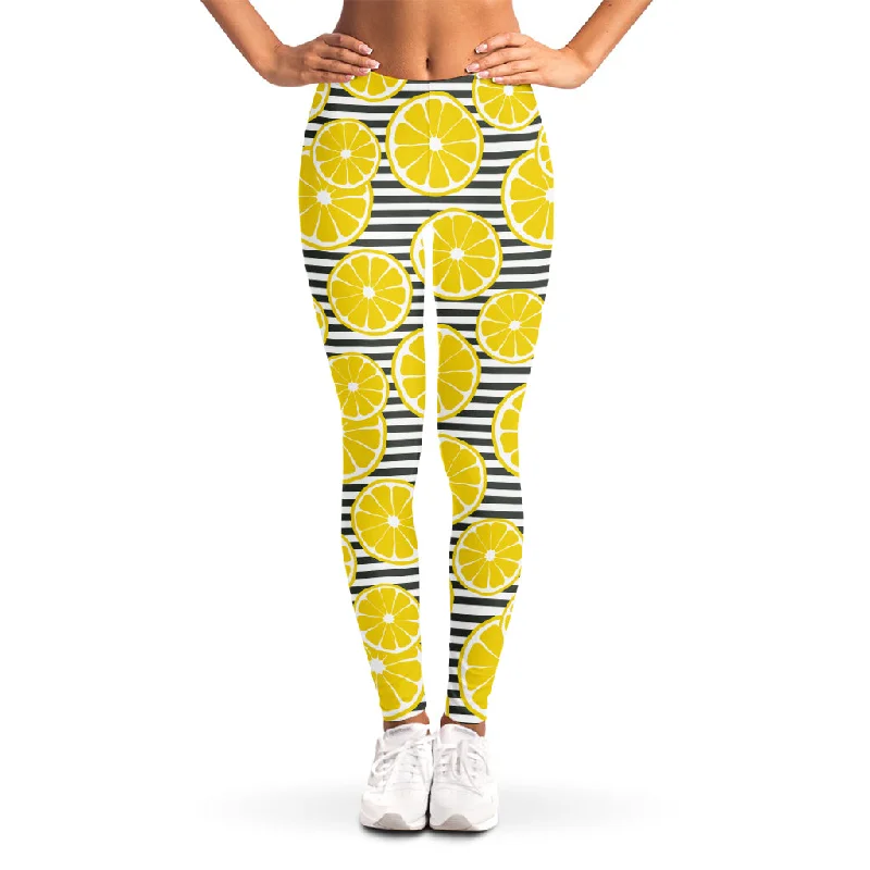 Online Exclusive Lemon Striped Pattern Print Women's Leggings