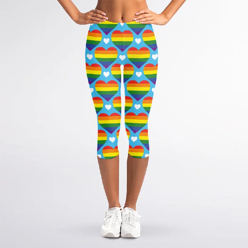 Great Deals LGBT Pride Rainbow Heart Pattern Print Women's Capri Leggings