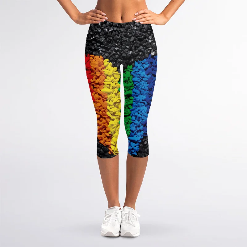 Online Only LGBT Pride Rainbow Heart Stones Print Women's Capri Leggings