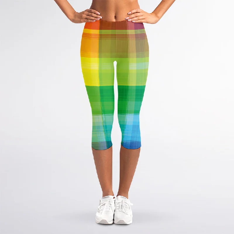 New Deals LGBT Pride Rainbow Plaid Pattern Print Women's Capri Leggings