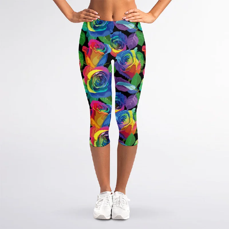 Epic Deals LGBT Pride Rainbow Roses Pattern Print Women's Capri Leggings