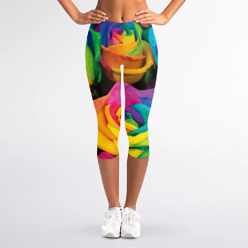 Lowest Price LGBT Pride Rainbow Roses Print Women's Capri Leggings