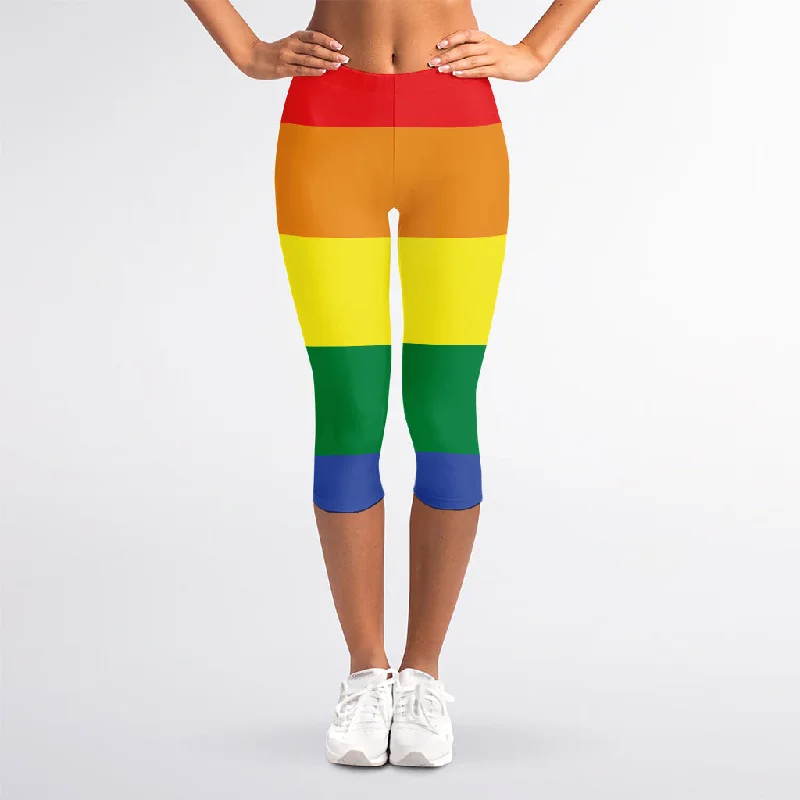 Discount Deals LGBT Pride Rainbow Striped Print Women's Capri Leggings