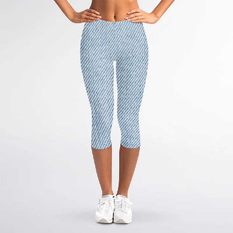 Deal Dash Light Blue Denim Jeans Print Women's Capri Leggings
