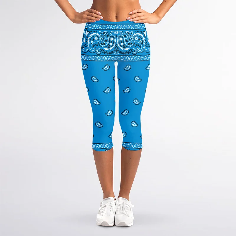 Closeout Light Blue Paisley Bandana Print Women's Capri Leggings