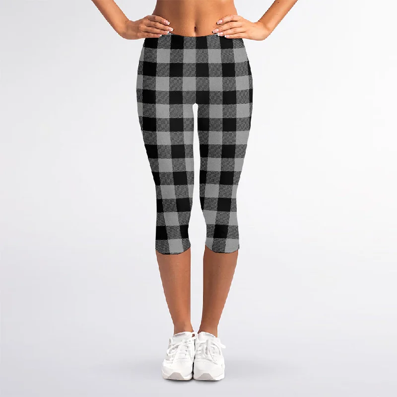 Price Drop Alert Light Grey And Black Buffalo Check Print Women's Capri Leggings
