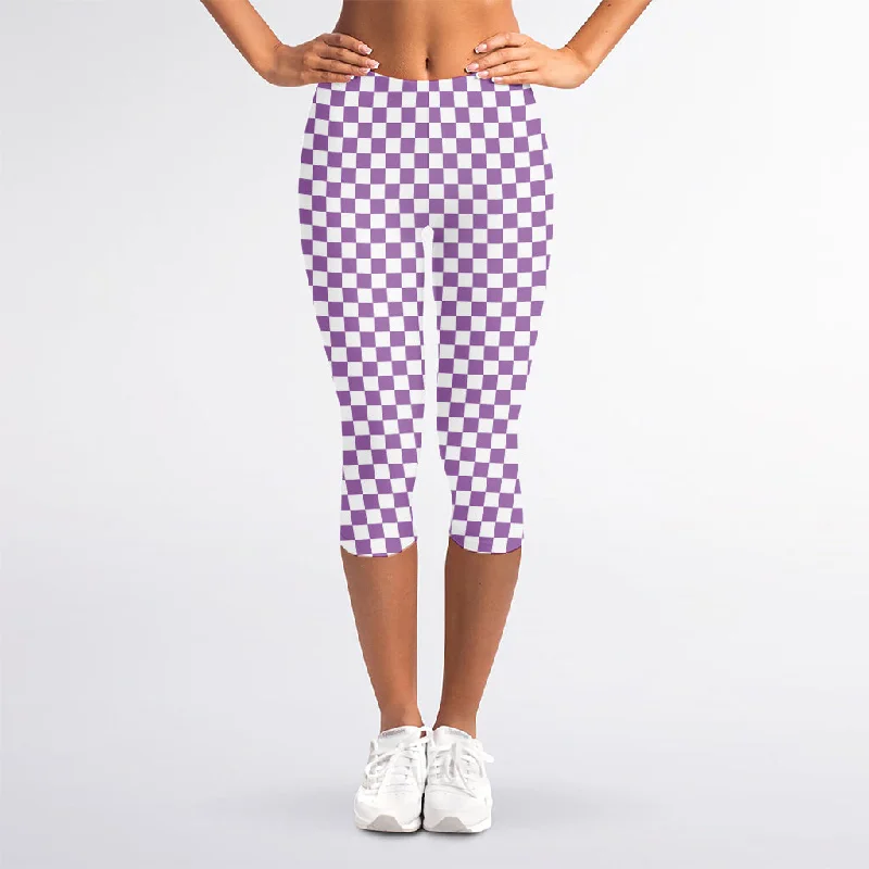Price Meltdown Light Purple And White Checkered Print Women's Capri Leggings