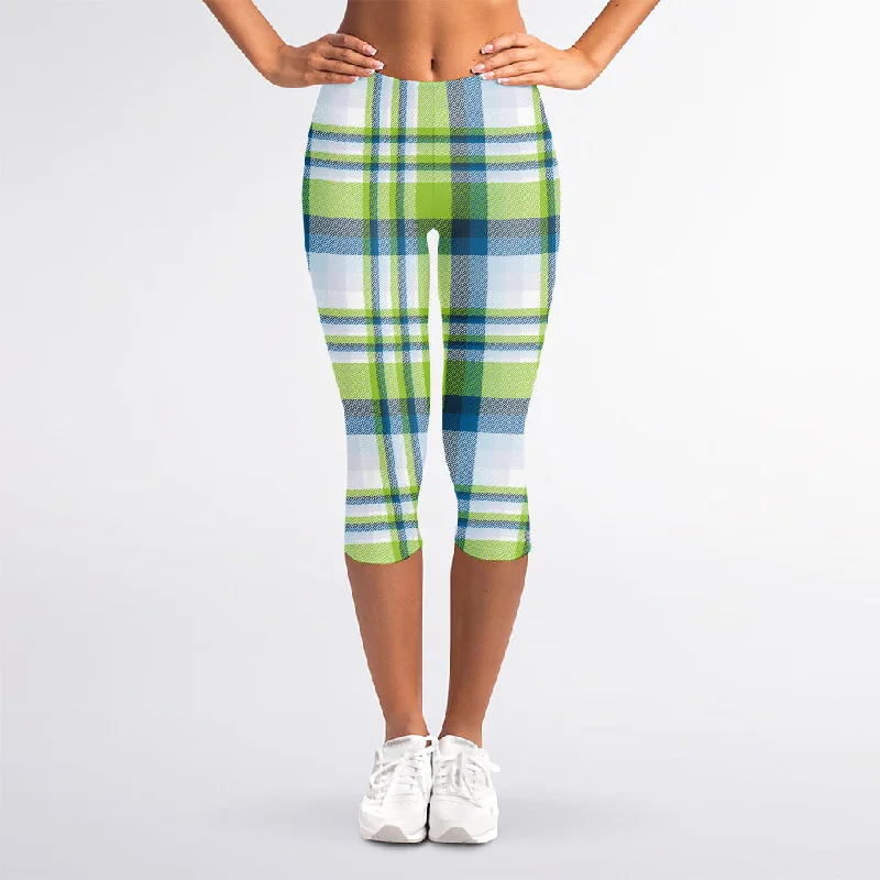 Midnight Sale Lime And Blue Madras Plaid Print Women's Capri Leggings