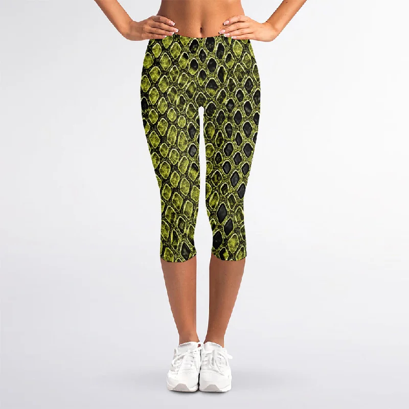 Limited Quantity Lime Green And Black Snakeskin Print Women's Capri Leggings