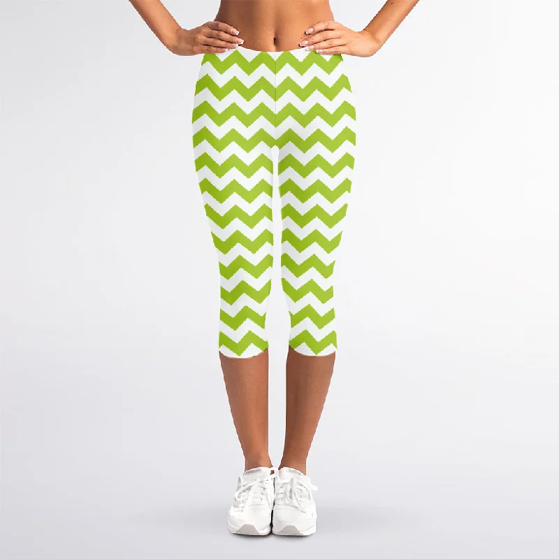 Today’s Special Lime Green And White Chevron Print Women's Capri Leggings